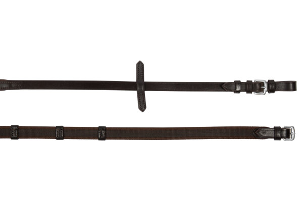 Fine rubberised reins brown/silver with 9 stoppers at 6 cm intervals PONY