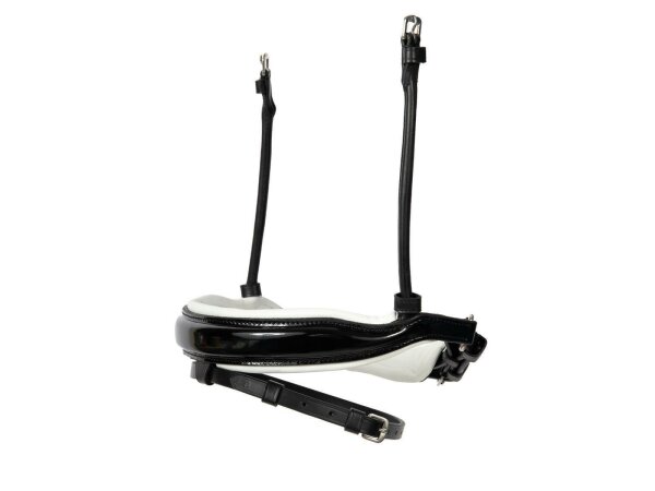 Comfort Swedish-style round-stitched noseband, combined black/silver with white backing, patent leather