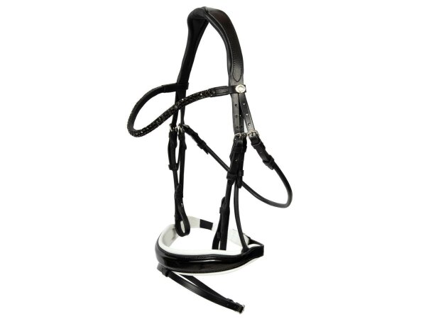 Hoofdstel Aachen rondgestikt Engels gecombineerd zwart/zilver wit onderlegd lak Full