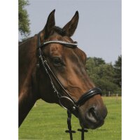 Trense Valluhn schwarz/silber hannoversches Reithalfter schwarz unterlegt LACK PONY