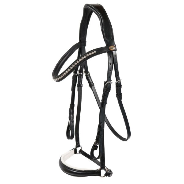 Trense Valluhn schwarz/silber hannoversches Reithalfter weiß unterlegt COB