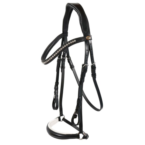 Trense Valluhn schwarz/silber hannoversches Reithalfter wei&szlig; unterlegt PONY
