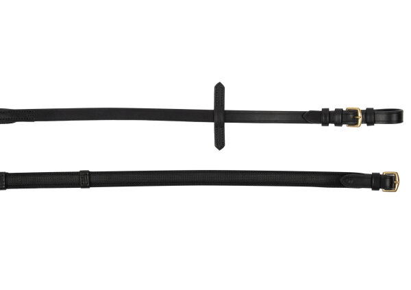 Fine rubberised reins, black/brass, FULL